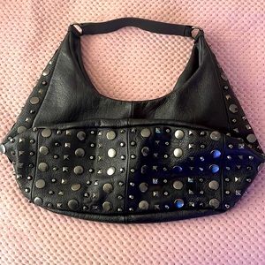 Romygold Black Studded Genuine Leather Hobo Handbag.